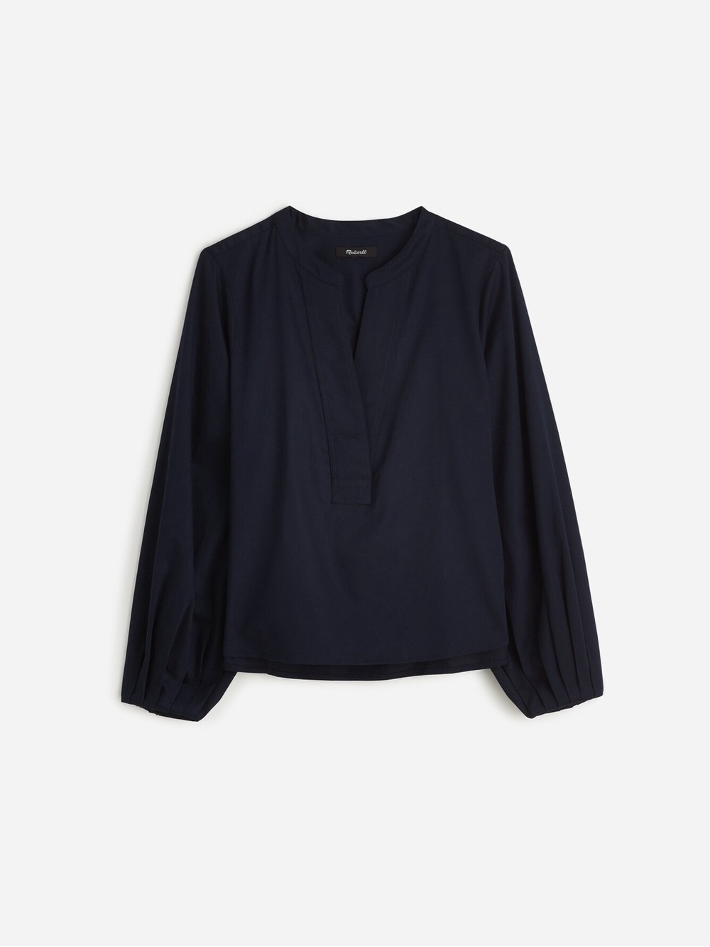 Madewell Navy Pintuck-Sleeve Split-Neck Blouse